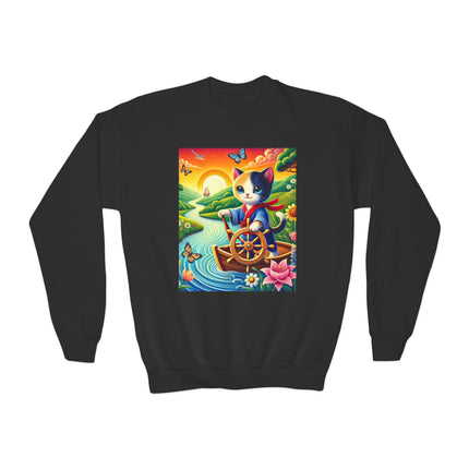 Sailor Kitten’s River Adventure Youth Crewneck Sweatshirt – Exploration, Joy & Storybook Adventure
