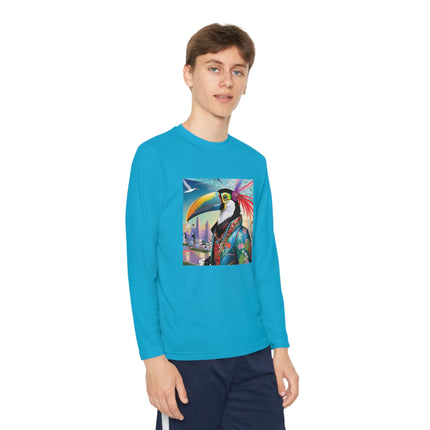 Cyber Toucan Chic Youth Long Sleeve Competitor Tee – Neon Feathers & Futuristic Style