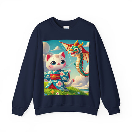 Geisha Kitten and the Dragon Kite Heavy Blend™ Crewneck Sweatshirt