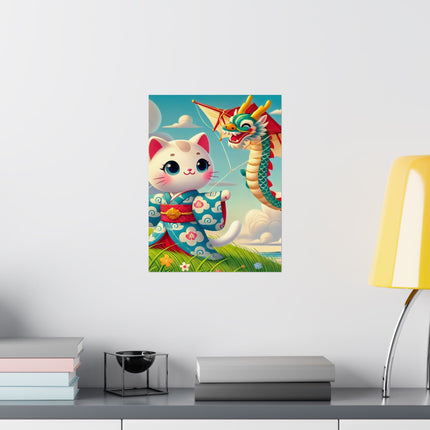 🪁🐉 Geisha Kitten and the Dragon Kite Matte Vertical Poster – Joyful Flight & Dragon Spirit