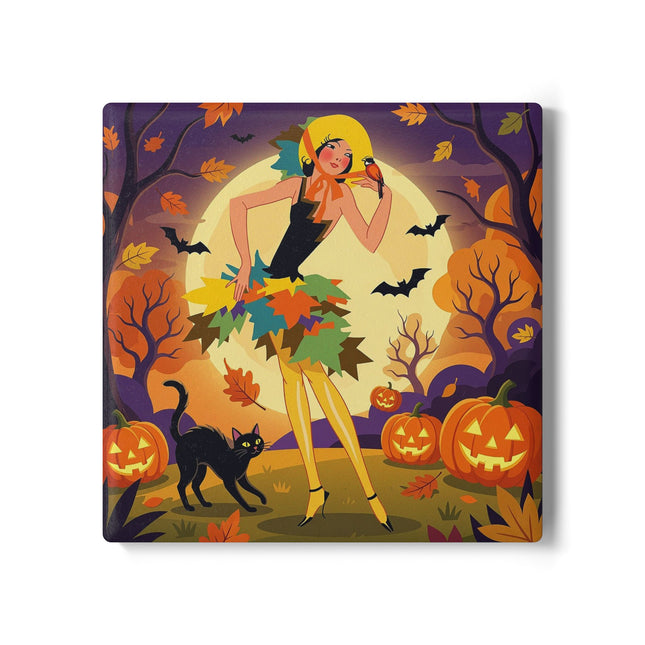🌕🍂 Autumn Song Beneath The Harvest Moon Ceramic Coaster – Whimsical Halloween Charm
