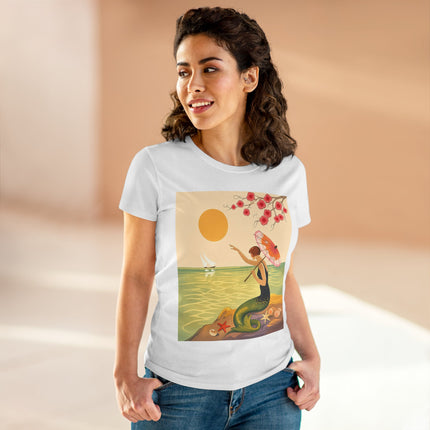 🧜‍♀️🌸 The Mermaid Beneath The Blossoms Cotton Tee – Art Deco Seaside Fantasy