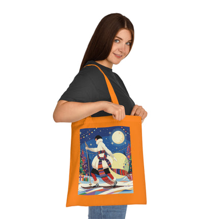 🎿🌙 The Moonlit Christmas Skier Cotton Tote Bag – Art Deco Holiday Adventure