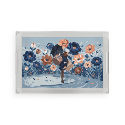 ☂️🌺 The Lady Of The Traveling Garden Acrylic Serving Tray – Art Deco Floral Adventure