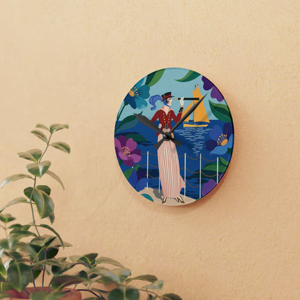 🔭⛵ The Lady Of The Seaside Spyglass Acrylic Wall Clock – Art Deco Coastal Elegance