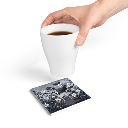 🖤🌸 The Greyhound Floral Promenade Ceramic Coaster – Art Deco Monochrome Fashion