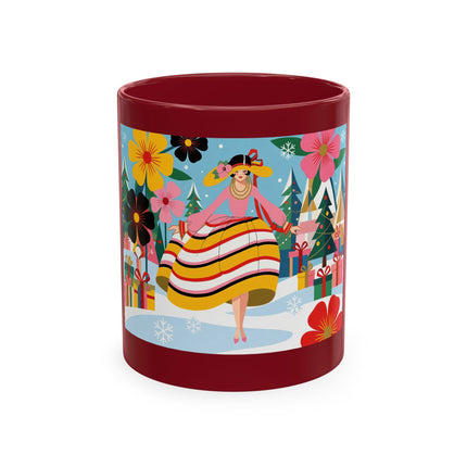 🎄🌸 The Lady Of The Striped Christmas Garden Ceramic Mug – Art Deco Holiday Whimsy