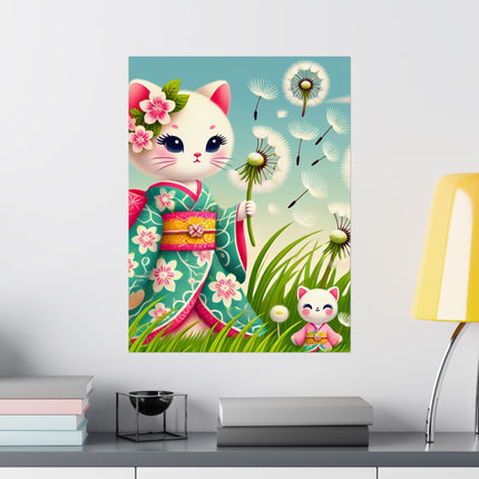 🌾🌼 Geisha Kitten and the Dandelion Wish Matte Vertical Poster – Gentle Wishes & Quiet Wonder