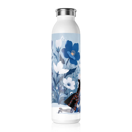 💙🌸 The Lady Of The Blue Flower Garden Slim Water Bottle – Art Deco Floral Romance