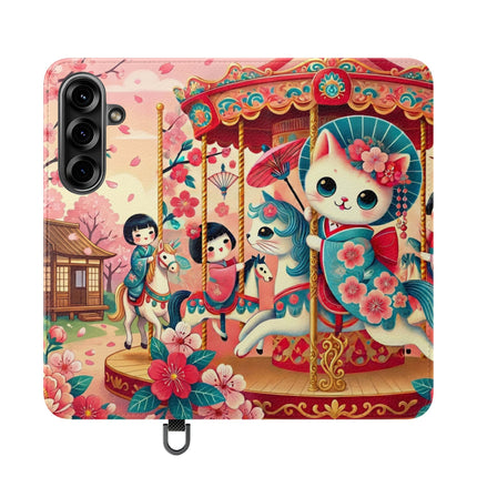 🎠🌸 Geisha Kitten's Enchanted Carousel Flip Case – Whimsical Dreams & Cherry Blossom Magic