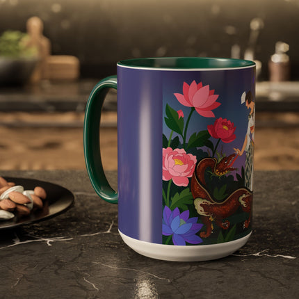 The Lady And The Garden Dragon Colorful Mugs – Art Deco Mythical Botanical Elegance