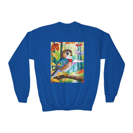 Baby Hawk Plays in Forest Youth Crewneck Sweatshirt – Woodland Wonder & Playful Discovery