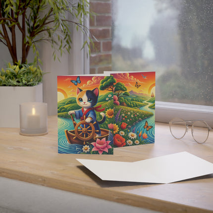 🌅🐱 The Sunset River Sailor Kitten Greeting Card – Whimsical Floral Adventure