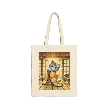 Playful Kitten in the Tea Room Cotton Canvas Tote Bag – Curious Charm & Cozy Whimsy