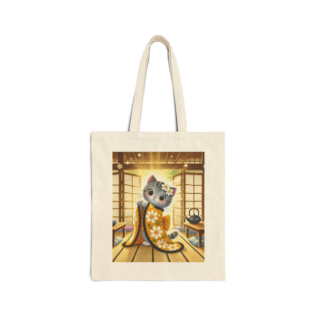Playful Kitten in the Tea Room Cotton Canvas Tote Bag – Curious Charm & Cozy Whimsy