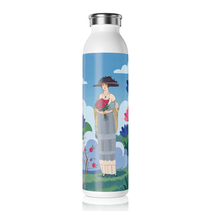 🌸🎀 The Lady In The Summer Garden Slim Water Bottle – Art Deco Floral Elegance