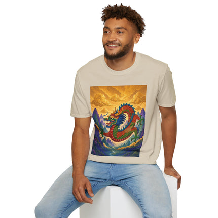 🐉🌄 The Golden Sky Dragon Softstyle T-Shirt – Mystical Mountain Fantasy