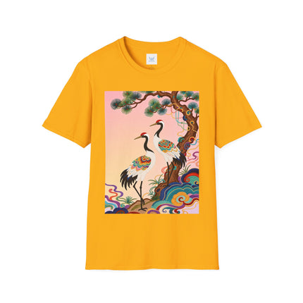 🐦🌸 The Enchanted Crane Garden Softstyle T-Shirt – Oriental Elegance & Colorful Harmony