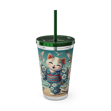 Geisha Kitten by the Seaside Sunsplash Tumbler with Straw, 16oz