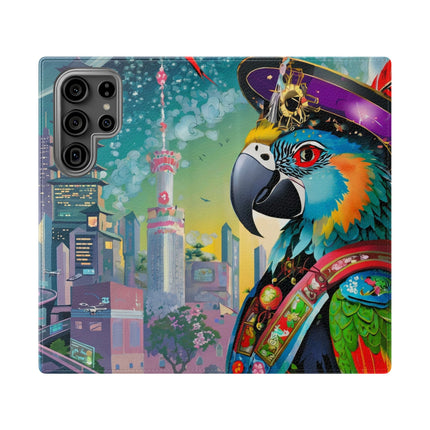 🦜⚡ Tech Plumes Flip Case – Neon Feathers & Futuristic Brilliance