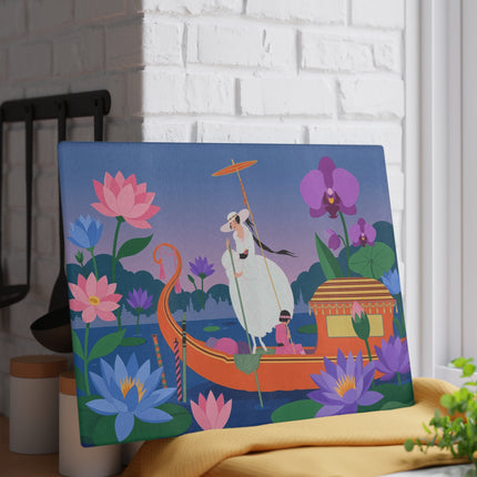 🪷🚣 The Lady Of The Lotus Lake Glass Cutting Board – Art Deco Botanical Fantasy