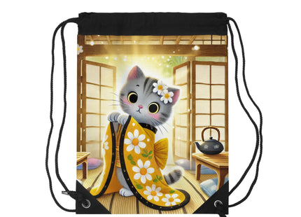 Playful Kitten in the Tea Room Drawstring Bag