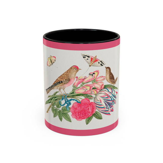 Pair of brown birds on bouquet with tulip, rose, and snapdragons, with butterflies by AnonymousAccent Coffee Mug, 11oz