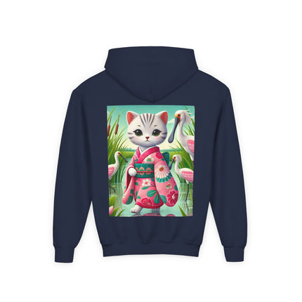 Geisha Kitten Strolls Among the Spoonbills Youth Hooded Sweatshirt – Graceful Nature & Whimsical Charm