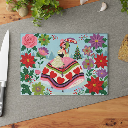 ❤️🌺 The Lady Of The Christmas Heart Garden Glass Cutting Board – Art Deco Holiday Romance