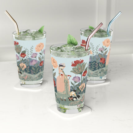 🌸🐈 The Lady And Puss In Boots Pint Glass – Art Deco Storybook Garden