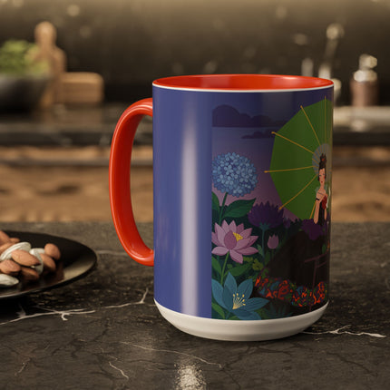 The Lady Of The Moonlit Needlework Colorful Mugs – Art Deco Crafting Elegance