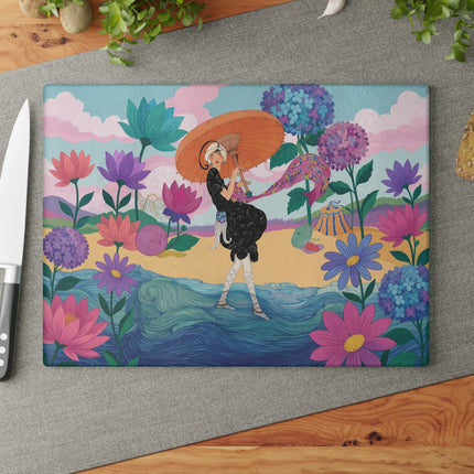 🌸☂️ The Lady Of The Painted Parasol Glass Cutting Board – Art Deco Floral Seaside Elegance