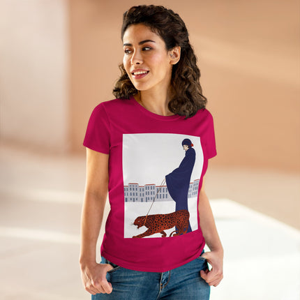 🐆🖤 The Lady With The Leopard Cotton Tee – Art Deco Fashion Illustration