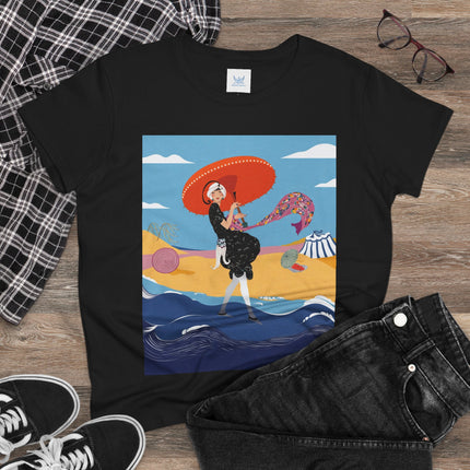 Beachside Promenade Women's Midweight Cotton Tee – Summer Glamour & Coastal Joy