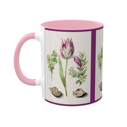 Tulip, Branches of Myrtle and Shells by Maria Sibylla Merian Colorful Mugs, 11oz