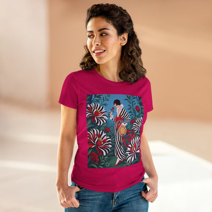 ❤️🌹 The Scarlet Striped Garden Cotton Tee – Art Deco Fashion Illustration