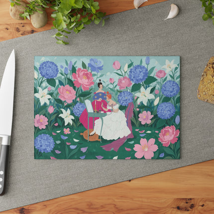 🌸🕯️ The Lady Of The Secret Garden Vanity Glass Cutting Board – Art Deco Floral Elegance