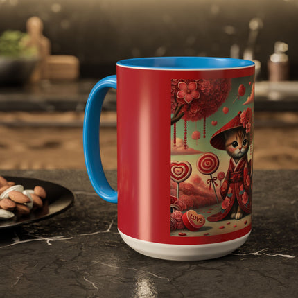 Whimsical Geisha Kitten in a Valentine Garden Colorful Mugs (11oz, 15oz)