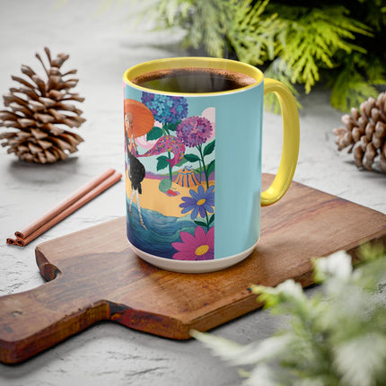 The Lady Of The Coral Parasol Colorful Mugs – Art Deco Coastal Elegance