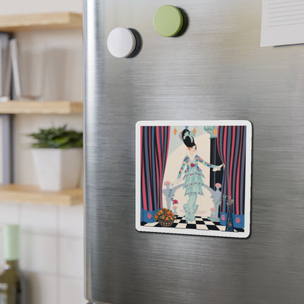🌹🎭 The Lady Between The Curtains Die-Cut Magnets – Art Deco Floral Theatre