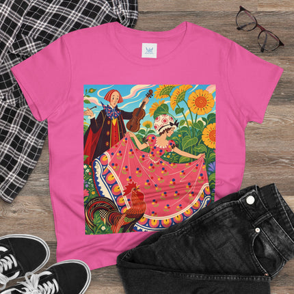 🎻🐓 The Garden Serenade Cotton Tee – Art Deco Folk Whimsy