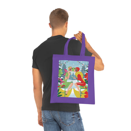 🎄☕ Christmas Tea In The Snow Garden Cotton Tote Bag – Art Deco Holiday Friendship