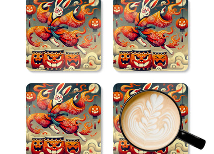 Jack-O’-Lantern Drums & The Kabuki Rabbit Corkwood Coaster Set