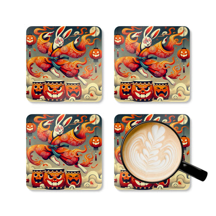 Jack-O’-Lantern Drums & The Kabuki Rabbit Corkwood Coaster Set