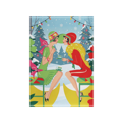 ☕🎄 Christmas Tea In The Snow Garden Acrylic Art Block – Art Deco Holiday Friendship