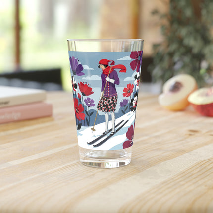 🎿❄️ The Winter Flower Skier Pint Glass – Art Deco Alpine Fantasy