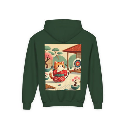 Archer Kitten in the Zen Garden Youth Hooded Sweatshirt – Calm Focus & Playful Strength