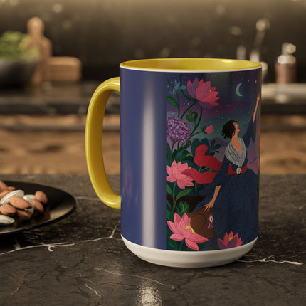 The Lady And The Morning Song Colorful Mugs – Art Deco Botanical Elegance