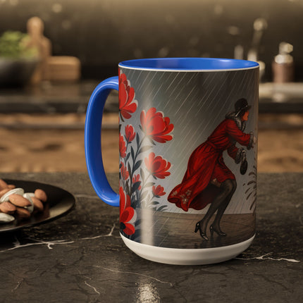 ☔🌹 The Scarlet Rainstorm Promenade Colorful Mug – Art Deco Motoring Elegance