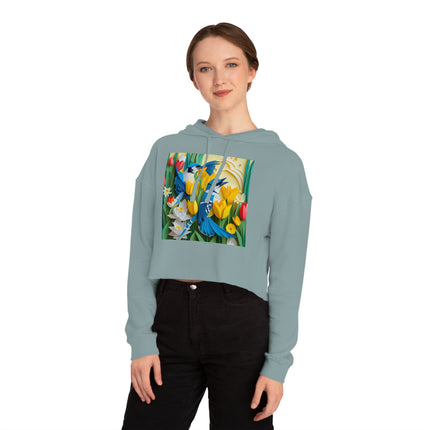 Blue Jays in a Spring Garden Women’s Cropped Hooded Sweatshirt